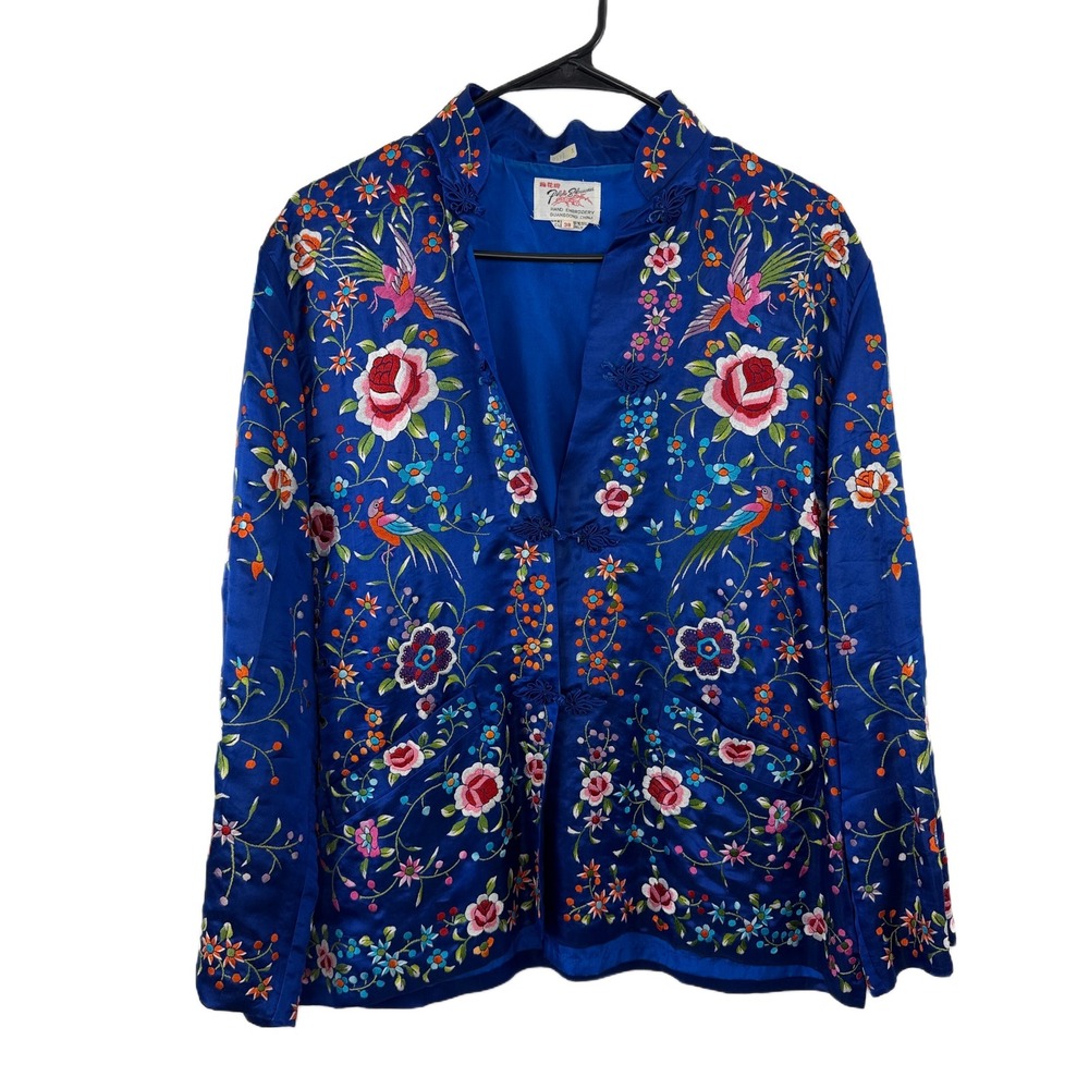 Vtg Plum Blossom Embroidered Top Jacket Womens 38 Blue Floral Birds Silk Blend *